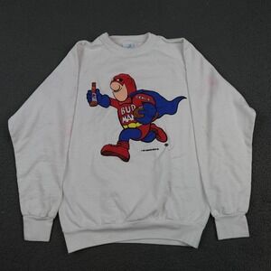 Vintage Bud Man Budweiser Graphic Sweatshirt Mens Medium White Alore 1987 USA